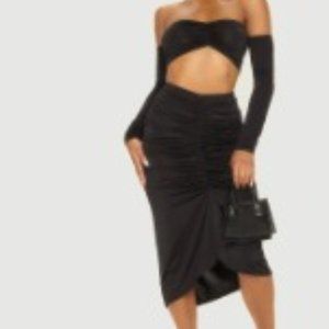PLT Black Asymmetric Ruched Midi Skirt